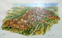 Eine historische Zeichnung zeigt die italienische Boccaciostadt Certaldo aus der Vogelperspektive.