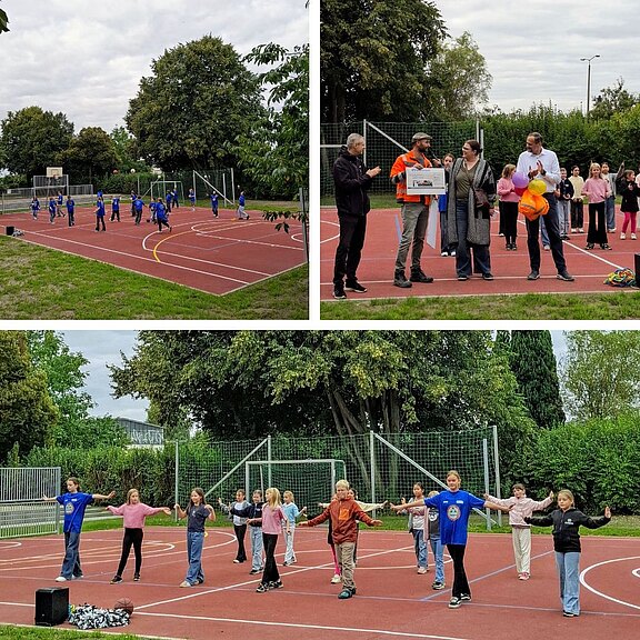 Collage: Kinder trainieren auf einem roten Sportplatz. Oben links bewegen sich Gruppen auf dem Feld. Oben rechts halten Erwachsene eine kurze Ansprache und überreichen etwas. Unten machen viele Kinder gemeinsam Gymnastik mit ausgestreckten Armen. Bäume und Zäune umgeben das Außengelände.