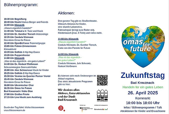 Das Bild zeigt ein Veranstaltungsplakat für den "Zukunftstag" in Bad Kreuznach am 26. April 2025. Es enthält ein Bühnenprogramm mit verschiedenen Aktivitäten und Aktionen, die sich auf Umwelt- und Klimafragen konzentrieren. Das Ereignis richtet sich an Kinder und Erwachsene.
