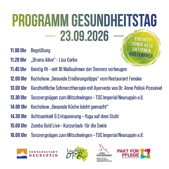 Programm Gesundheitstag am 23.09.2026. Ab 11:00 Begrüßung; Drums Alive; Demenzprävention; Kochshow mit Ernährungstipps; Ayurveda-Schmerztherapie-Vortrag; Tanzworkshops zum Mitmachen; Kochshow „gesunde Küche“; Entspannungs-Yoga; Zumba Gold; weiterer Tanz. Eintritt und alle Aktionen kostenfrei.
