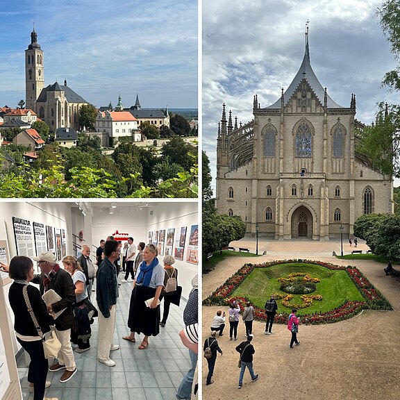 Collage: historische europäische Stadt mit Kirchtürmen; daneben die Fassade einer großen gotischen Kathedrale vor einem gepflegten Blumenrondell; unten links eine Gruppe von Besucherinnen und Besuchern in einer Museumsausstellung. Bild vermittelt Architektur, Kultur und Tourismus in einer Altstadt.
