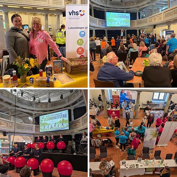 Collage von einem Gesundheitstag in einer großen Halle: Info- und Beratungsstände, Produkte rund um Gesundheit, Besucher an Tischen, Vorträge auf Bühne mit Bildschirm, Gruppenfitness mit roten Gymnastikbällen und Übungen in farbigen T‑Shirts. Atmosphäre einer Messe mit Mitmachangeboten und Austausch.