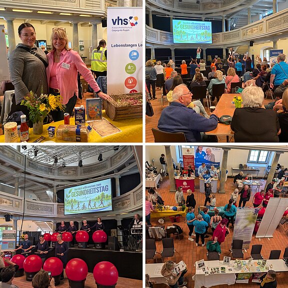 Collage von einem Gesundheitstag in einer großen Halle: Info- und Beratungsstände, Produkte rund um Gesundheit, Besucher an Tischen, Vorträge auf Bühne mit Bildschirm, Gruppenfitness mit roten Gymnastikbällen und Übungen in farbigen T‑Shirts. Atmosphäre einer Messe mit Mitmachangeboten und Austausch.