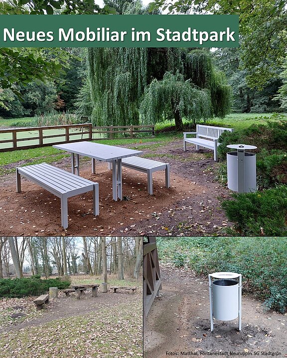 Stadtpark mit neuem Mobiliar: helle Metallbänke, ein passender Tisch und ein Abfallbehälter auf einem Platz unter Bäumen, nahe einer Holzbalustrade. Unten Vergleichsbilder mit älteren Sitzsteinen und einem einzelnen Papierkorb. Weiden und Rasen im Hintergrund.
