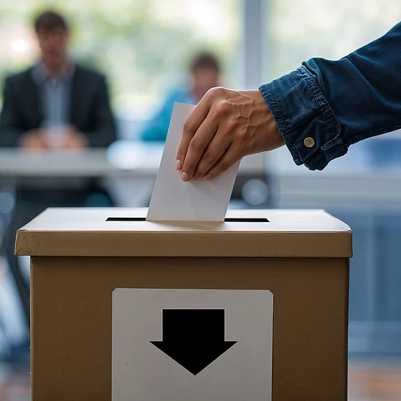 Nahaufnahme: Eine Person steckt einen Wahlzettel in eine Wahlurne mit Schlitz und Pfeil. Im Hintergrund verschwommene Menschen an einem Tisch; Fokus auf den Wahlvorgang.