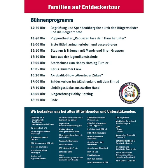 Plakat „Familien auf Entdeckertour“: Bühnenprogramm 14:30–18:30 mit Begrüßung, Puppentheater Rapunzel, Erste-Hilfe-Mitmachaktion, Tanz- und Showbeiträgen, Start des Hobby-Horsing-Turniers, Drummer-Crew, Akrobatikshow „Abenteuer Zirkus“, Einrad-Märchentour, Lieblingsstücke aus zweiter Hand, Siegerehrung; danach Ende.