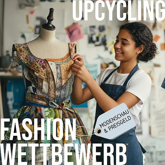 Werbebild für einen Upcycling-Fashion-Wettbewerb: Eine junge Designerin steckt ein Patchwork-Kleid an einer Schneiderpuppe ab. Der Schriftzug kündigt Modenschau und Preisgeld an, betont nachhaltige Mode und kreatives Wiederverwerten von Stoffresten.