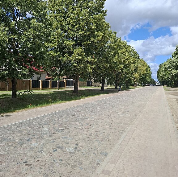 Eine ruhige Straße ist von großen, grünen Bäumen gesäumt. Der Himmel ist teilweise bewölkt, und die Atmosphäre wirkt friedlich. Die Straßenführung ist eben und gut gepflegt, ideal für Spaziergänge oder Radfahren.