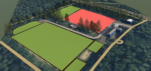 3D-Plan eines Sportgeländes mit mehreren rechteckigen Spielfeldern: zwei große grüne Rasenplätze im Vordergrund, ein weiteres grünes und ein rot markiertes Feld hinten. Dazwischen Wege, Parkflächen und kleine Gebäude, von Bäumen umgeben.