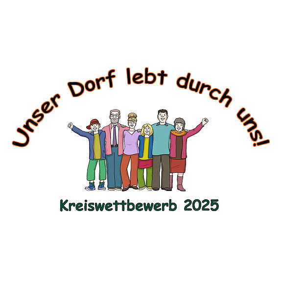 Titel und Motto eines Wettbewerbs, um die Gemeinschaft des Dorfes zu fördern. Sechs Personen unterschiedlichen Alters und Geschlechts stehen zusammen und feiern ihre Gemeinschaft. Ein positiver, einladender Ausdruck des Zusammenhalts.