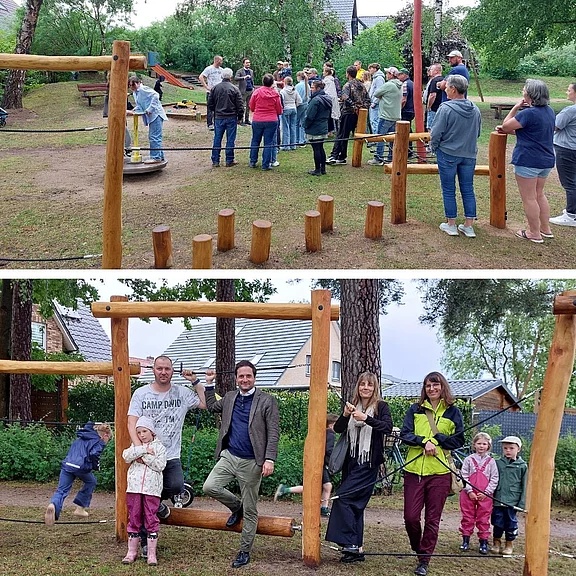 Zwei Fotos: Menschen auf Spielplatz, Gespräch und Spiel. Oben: Gruppe beobachtet Kinder am Karussell. Unten: Erwachsene und Kinder stehen und balancieren auf hölzernen Spielgeräten.