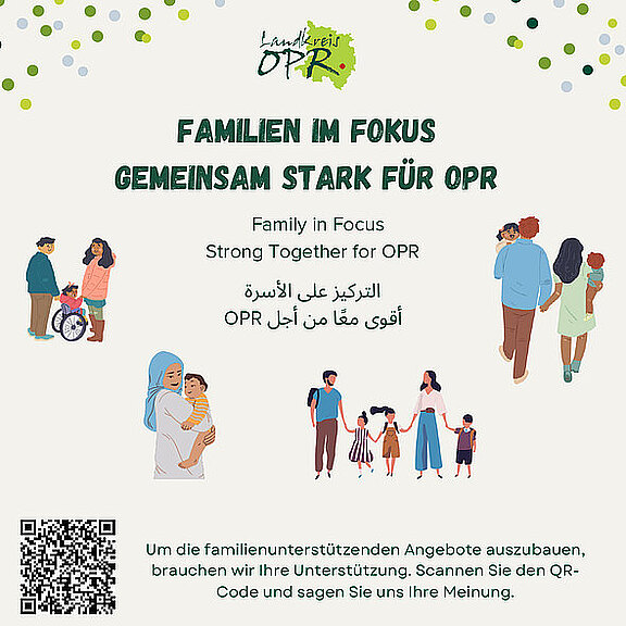 Das Bild zeigt mehrere dargestellte Familienmitglieder in verschiedenen Szenen. Der Text thematisiert Familienunterstützung und Zusammenarbeit, mit dem Aufruf zur Beteiligung durch Scannen eines QR-Codes, um Meinungen zu äußern. Es sind auch mehrsprachige Hinweise vorhanden.