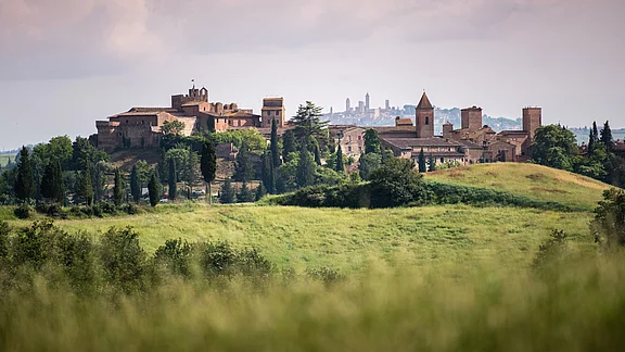Eine malerische Landschaft zeigt eine historische Festung auf einem Hügel, umgeben von grünen Feldern und Bäumen. Im Hintergrund sind weitere Gebäude und Türme sichtbar, die die Architektur der Region widerspiegeln. Der Himmel ist leicht bewölkt und verleiht der Szene eine ruhige Atmosphäre.