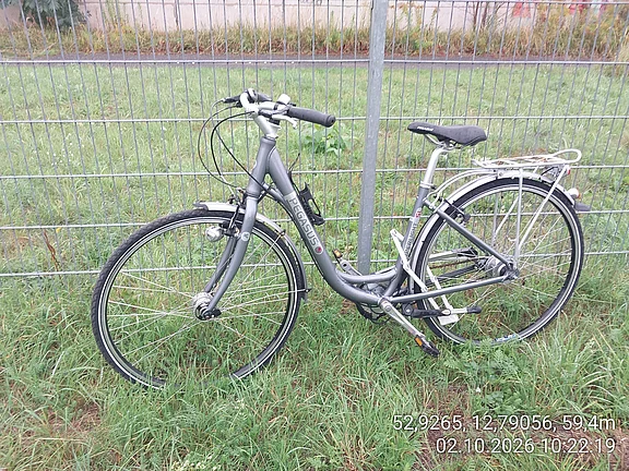 Graues Cityrad mit Tiefeinsteiger-Rahmen lehnt an einem Metallzaun.