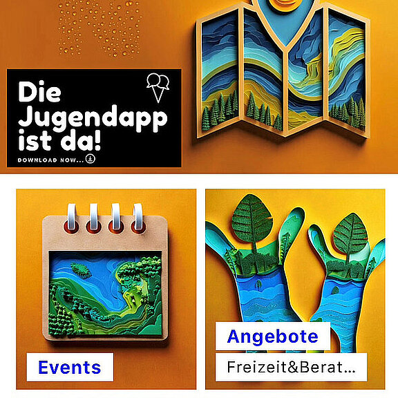 Die Grafik bewirbt die „Jugendapp“ mit dem Slogan „Die Jugendapp ist da!“. Darunter sind zwei Kästchen: eines zeigt eine grüne Landschaft auf einem Notizblock, das andere zeigt zwei Hände mit Pflanzenmotiven. Die Bereiche „Events“ und „Angebote“ sind ebenfalls hervorgehoben.