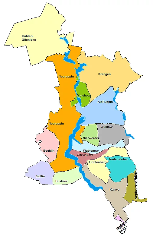 Karte mit Neuruppin und den Ortsteilen