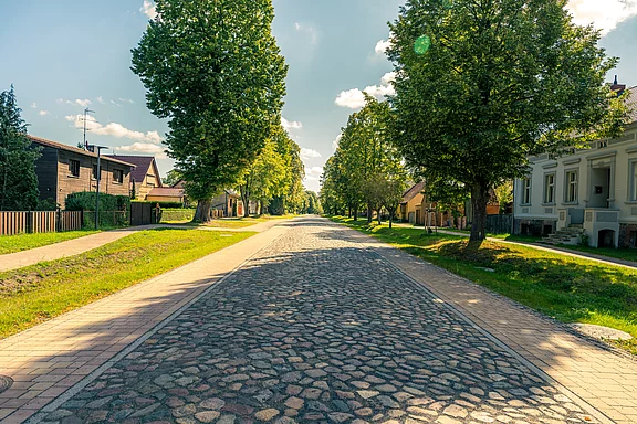 Die grunderneuerte und historisch gepflasterte Dorfstraße in Radensleben erstreckt sich in die Ferne, gesäumt von grünem Rasen und hohen Bäumen. Auf beiden Seiten der Straße stehen Wohnhäuser, die eine ruhige, ländliche Atmosphäre vermitteln. Der Himmel ist blau mit wenigen Wolken.