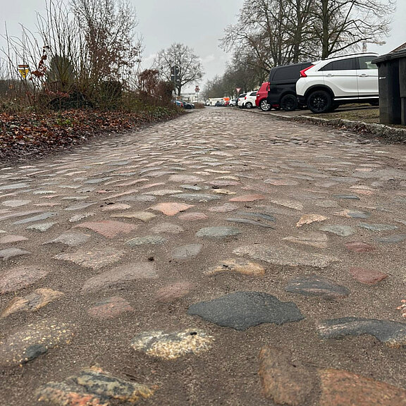Eine klare Sicht auf eine gepflasterte Straße, die in der Ferne verläuft. Rechts sind geparkte Autos zu sehen, während die Umgebung von kahlen Bäumen und einem grauen Himmel geprägt ist. Die Stimmung wirkt ruhig und nüchtern.