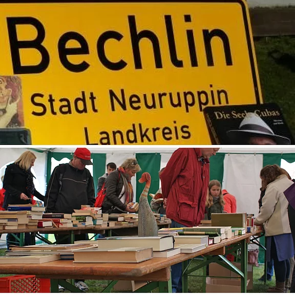 Geteiltes Bild: Oben ein gelbes Ortsschild mit „Bechlin, Stadt Neuruppin, Landkreis …“. Unten ein Bücherflohmarkt in einem Zelt: Menschen stöbern an langen Tischen voller Bücher, wie bei einem Dorffest oder Markt.