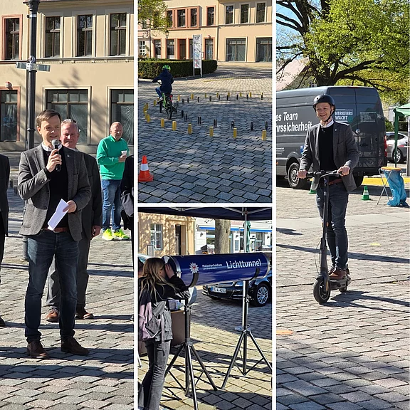 Collage eines Verkehrssicherheits-Aktionstags auf einem Marktplatz: Redner eröffnet, Kind übt Fahrrad-Slalom zwischen Hütchen, Besucherin testet ein Gerät „Lichttunnel“, junger Mann fährt mit Helm E‑Scooter. Der Schwerpunkt liegt auf sicherer Mobilität und praktischen Übungen.