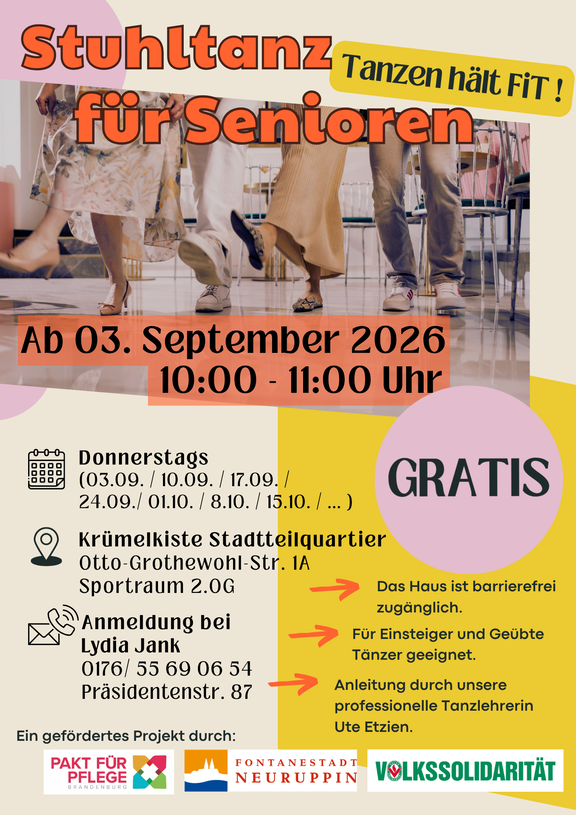 Stuhltanz für Senioren – Tanzen hält fit. Start 3. September 2026, donnerstags 10–11 Uhr. Kostenlos. Ort: Krümelkiste Stadtteilquartier, Otto‑Grotewohl‑Str. 1A, Sportraum 2. OG. Anmeldung: Lydia Jank, 0176 55 69 06 54, Präsidentenstraße 87. Barrierefrei, für Einsteiger und Geübte.