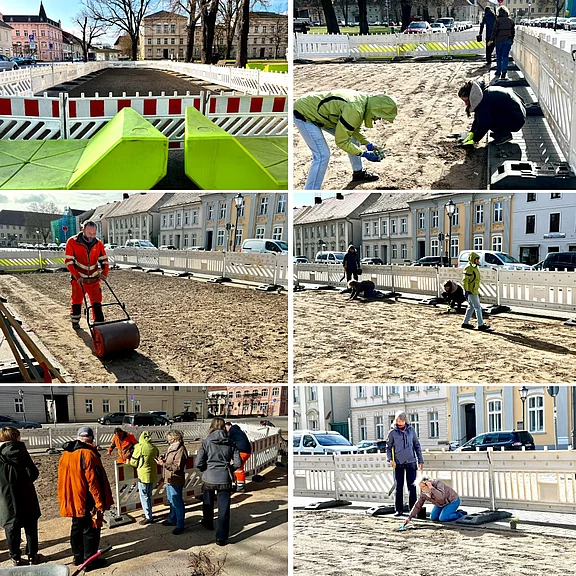 Mehrteilige Collage: In einem abgesperrten Bereich der Stadt bereiten Menschen eine Sandfläche vor. Sie jäten und harken, walzen den Boden, messen aus und verlegen Platten; eine kleine Gruppe bespricht die Arbeiten.