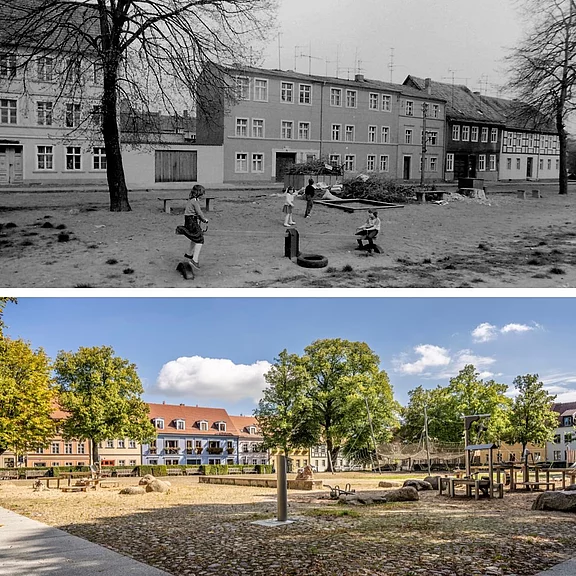 Zweiteilige Gegenüberstellung: Oben ein schwarzweißes, kahles Sandplatz‑Gelände mit spielenden Kindern vor einfachen Häusern. Unten derselbe Ort heute: begrünter, moderner Spielplatz mit Klettergeräten, Steinen und Bäumen, umgeben von renovierten Wohnhäusern. Zeigt die städtebauliche Umgestaltung eines Quartierplatzes.