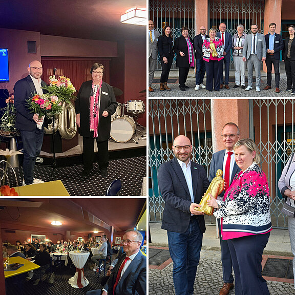 Die Collage zeigt mehrere Bilder von einer festlichen Veranstaltung. Im Mittelpunkt stehen Redner und Ehrengäste, die Auszeichnungen erhalten und persönliche Momente teilen. Blumenarrangements schmücken den Raum, und die Atmosphäre ist feierlich und freundlich.