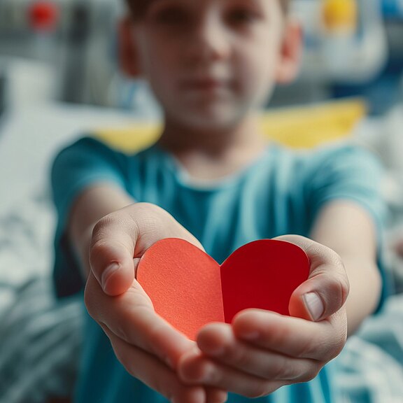 Ein Kind hält ein rotes, gefaltetes Papierherz in ausgestreckten Händen – eine Geste für Liebe, Wärme und Fürsorge.