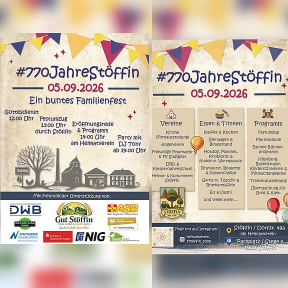 Plakat: #770JahreStöffin, 05.09.2026. Ein buntes Familienfest. Ablauf: Gottesdienst 12:00, Festumzug 13:00, Eröffnungsrede und Programm ab 14:00 am Heimathaus, Party mit DJ Tony ab 19:00. Angebote: Vereine, Kinderprogramm, Feuerwehrvorführung, Kaffee, Kuchen, Bratwurst, Bierwagen. Ort: Stöffin, Dorfstraße; Parkplätze ausgeschildert.