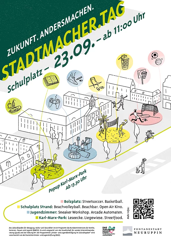 Text zur Bildbeschreibung: 

Eine Veranstaltung mit verschiedenen Aktivitäten wird für den 23. September angekündigt, darunter Streethockey, Basketball und ein Sneaker-Workshop. Der Schulplatz und der Karl-Marx-Park in Neuruppin sind die Veranstaltungsorte. Informationen und Zeiten sind auf einem bunten Plakat dargestellt.