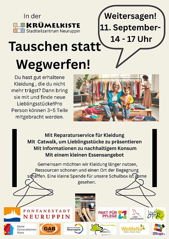Plakat: Kleidungstausch in der Krümelkiste, Stadtteilzentrum Neuruppin. Termin: 11. September, 14–17 Uhr. Pro Person 3–5 Teile mitbringen und tauschen. Mit Reparaturservice, Catwalk, Infos zu nachhaltigem Konsum und kleinem Buffet. Ziel: Kleidung länger nutzen und Ressourcen schonen.