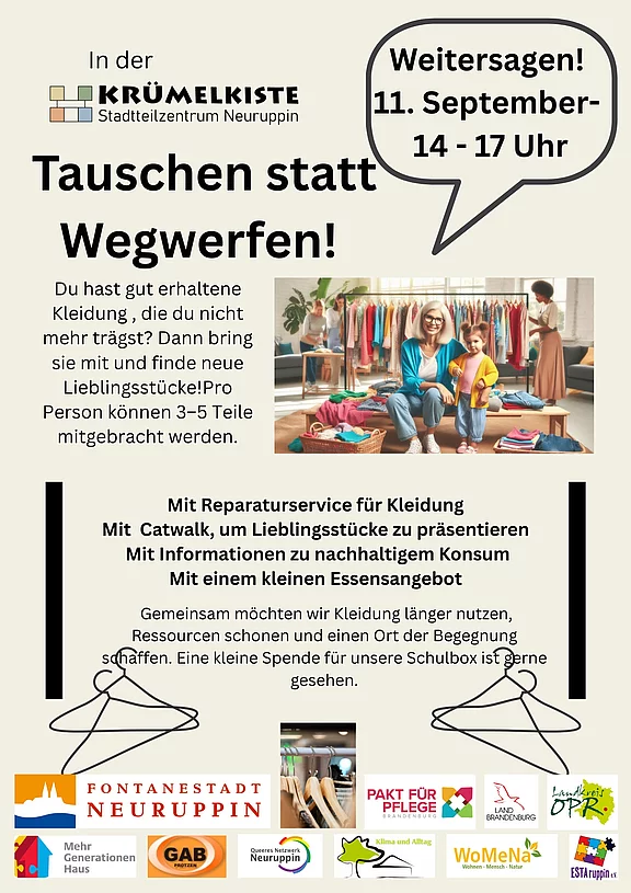 Plakat: Kleidungstausch in der Krümelkiste, Stadtteilzentrum Neuruppin. Termin: 11. September, 14–17 Uhr. Pro Person 3–5 Teile mitbringen und tauschen. Mit Reparaturservice, Catwalk, Infos zu nachhaltigem Konsum und kleinem Buffet. Ziel: Kleidung länger nutzen und Ressourcen schonen.