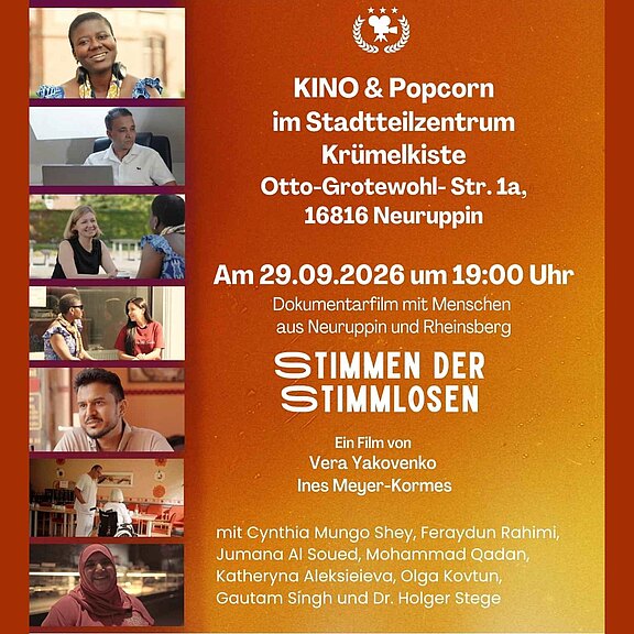 Plakat für eine Filmvorführung: KINO & Popcorn im Stadtteilzentrum Krümelkiste, Otto-Grotewohl-Str. 1a, 16816 Neuruppin. Termin: 29.09.2026, 19:00 Uhr. Gezeigt wird der Dokumentarfilm Stimmen der Stimmlosen über Menschen aus Neuruppin und Rheinsberg, von Vera Yakovenko und Ines Meyer-Kormes.