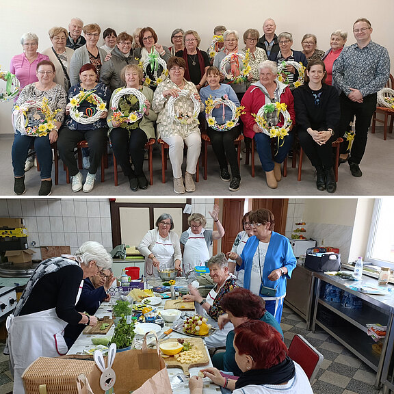 Zwei Fotos: Oben posiert eine große Gruppe älterer Menschen mit bunten, selbstgebastelten Frühlings- bzw. Osterkränzen, stolz lächelnd. Unten arbeiten mehrere Seniorinnen an einem Tisch in einem Bastelworkshop, umgeben von Materialien wie Moos, Eiern und Bändern. Gemeinschaftliches kreatives Treffen.