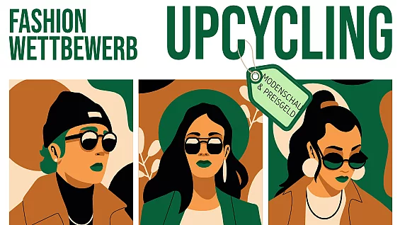Drei stilisierte Figuren im Vordergrund tragen Sonnenbrillen und trendige Kleidung. Der Text „Fashion Wettbewerb Upcycling“ vermittelt ein Thema, das sich mit nachhaltiger Mode beschäftigt. Ein Preisschild deutet auf einen Wettbewerb hin, der modische Kreativität belohnt.