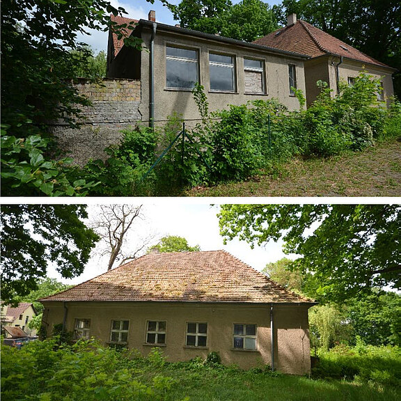 Das Bild zeigt zwei perspektivische Ansichten von alten, verwilderten Gebäuden. Das obere Haus hat eine graue Fassade und ein rotes Dach, umgeben von hohem Gras und Büschen. Das untere Gebäude ist kleiner, mit einem einfachen Dach und mehreren Fenstern, ebenfalls in einer bewachsenen Umgebung.