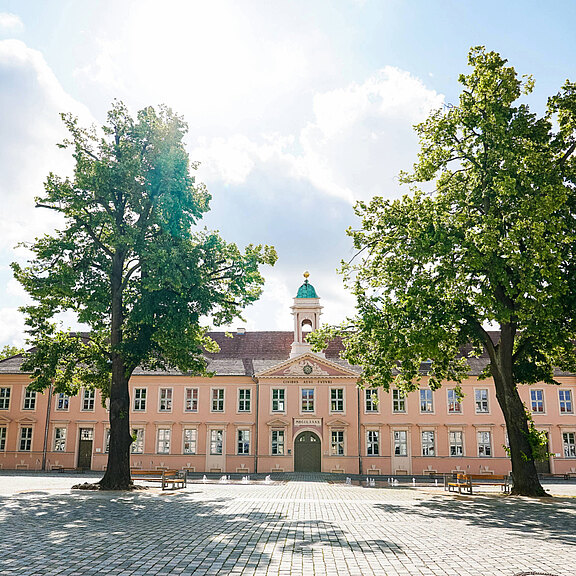 Ein historisches Gebäude mit einer hellen Fassade und einem grünen Eingang ist umgeben von großen Bäumen. Der Himmel ist blau mit einigen Wolken. Vor dem Gebäude befindet sich ein Platz mit Sitzbänken.