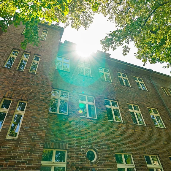 Backsteinfassade eines mehrstöckigen Wohnhauses, von unten fotografiert. Weiß gerahmte Fenster; oben bricht die Sonne durch grüne Baumkronen und erzeugt Lichtstrahlen und Lensflare. Heller, sommerlicher Eindruck.