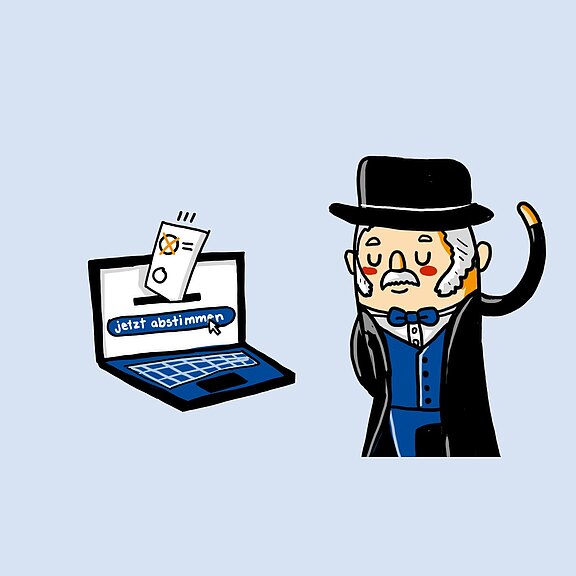 Illustration eines Laptops mit Schaltfläche „jetzt abstimmen“, in den ein Stimmzettel gleitet. Daneben steht ein älterer Mann im Anzug mit Zylinder und hebt die Hand. Botschaft: Aufruf zur Online-Abstimmung.