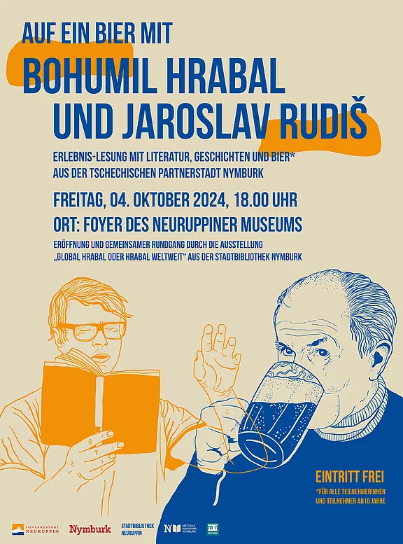 Das Bild kündigt eine Veranstaltung an: "Auf ein Bier mit Bohumil Hrabal und Jaroslav Rudiš" am 4. Oktober 2024. Es findet um 18 Uhr im Foyer des Neuruppiner Museums statt. Der Eintritt ist frei. Es werden Literatur und Geschichten aus Nymburk präsentiert.