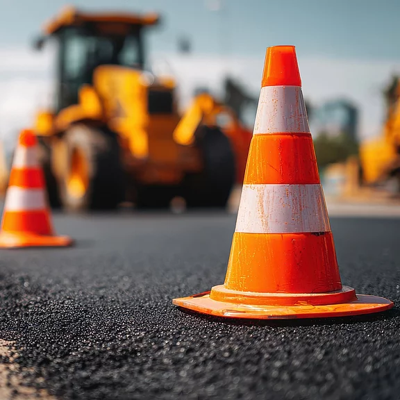Nahaufnahme eines orange‑weißen Verkehrskegels auf frischem Asphalt. Weitere Kegel und ein gelbes Baustellenfahrzeug sind unscharf im Hintergrund. Die Szene deutet auf laufende Straßenbauarbeiten und einen abgesperrten Bereich hin.