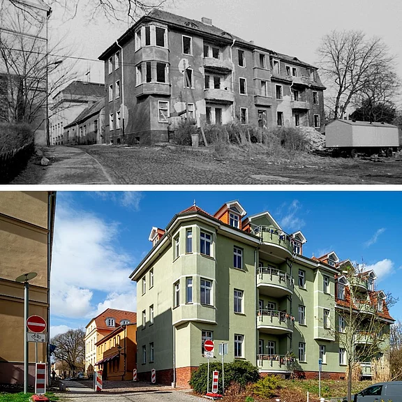 Vorher-nachher-Aufnahme eines Mehrfamilienhauses: Oben ein verfallenes, fensterloses Gebäude mit beschädigter Fassade in Schwarzweiß; unten dasselbe Haus saniert, grün gestrichen, mit intakten Fenstern und Balkonen, bei Sonnenschein. Die Gegenüberstellung zeigt den Wandel von Ruine zu modernisiertem Wohnhaus.