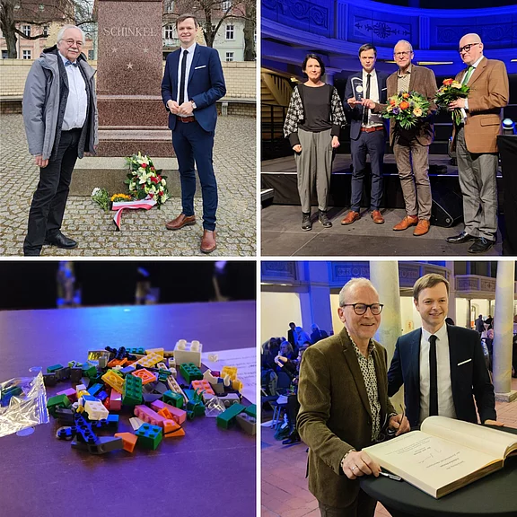 Collage aus vier Fotos: Zwei Personen legen Blumen an einem Denkmal nieder; anschließend stehen mehrere Personen bei einer Preisverleihung auf einer Bühne; Nahaufnahme bunter Bausteine auf einem Tisch; zum Schluss unterzeichnen zwei Personen ein Gästebuch.
