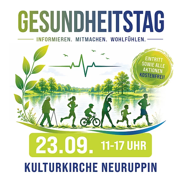 Grafik zum Gesundheitstag: Silhouetten von Menschen beim Wandern, Radfahren und Joggen am See mit Herzschlaglinie. Slogan: Informieren. Mitmachen. Wohlfühlen. Termin: 23.09., 11–17 Uhr. Ort: Kulturkirche Neuruppin. Hinweis: Eintritt und alle Aktionen kostenfrei.