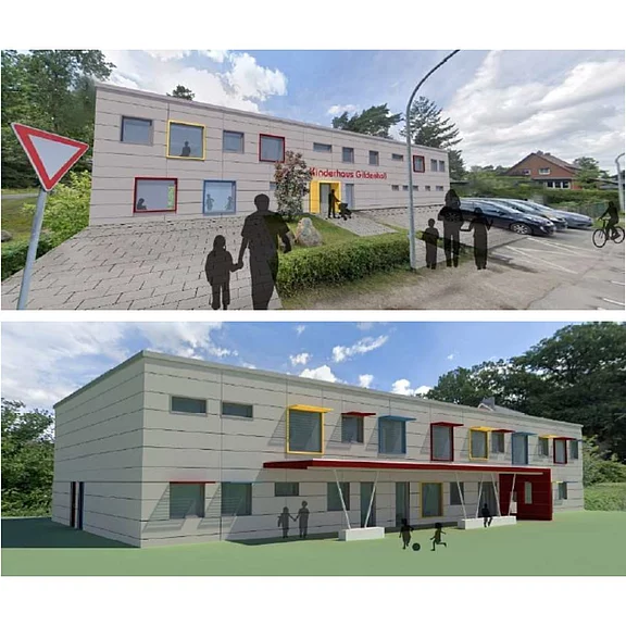 Zwei Visualisierungen eines modernen, zweigeschossigen Gebäudes mit Flachdach, großen Fenstern und farbigen Rahmen. Eingangsbereich mit Vordach, davor Menschen-Silhouetten; daneben Parkplatz und Grünflächen. Perspektiven zeigen Vorder- und Seitenansicht des geplanten Hauses.