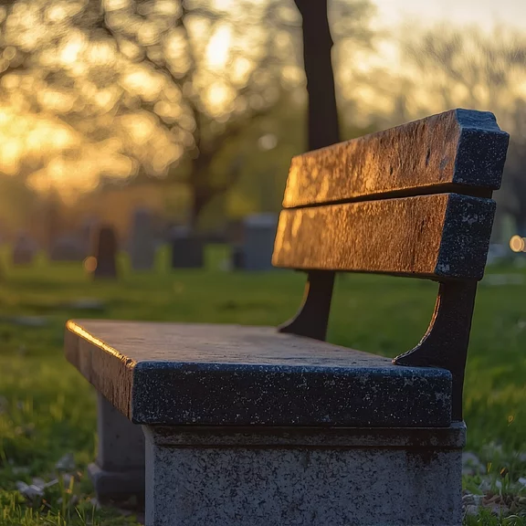 Leere Parkbank im warmen Abendlicht auf einem Friedhof; unscharfe Grabsteine im Hintergrund, ruhige Stimmung.