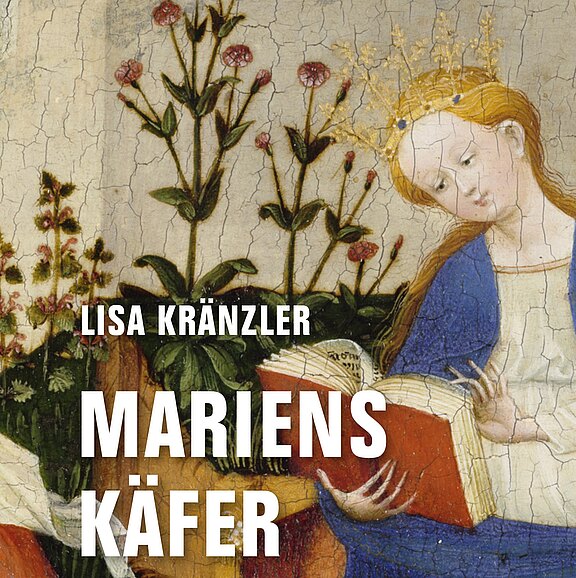 Cover Ein Buchcover zeigt eine Frau mit einer Krone und blonden Haaren, die in einem roten Buch liest. Im Hintergrund befinden sich Pflanzen. Der Titel des Buches ist „MARIENS KÄFER“ und der Name der Autorin ist „LISA KRÄNZLER“.