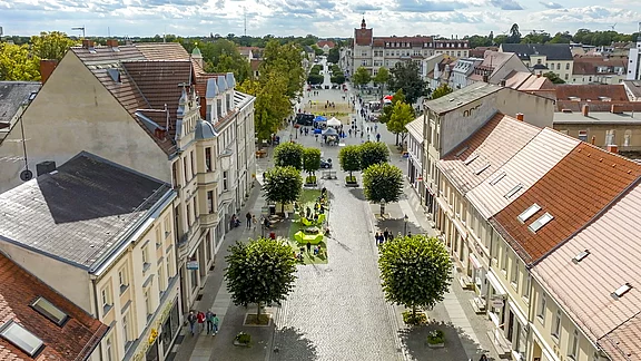 Eine Luftaufnahme einer lebhaften Stadtstraße mit gepflastertem Boden. Auf beiden Seiten stehen Bäume und historische Gebäude. Im Hintergrund ist ein Platz mit Menschen und Zelten, umgeben von weiteren Gebäuden und einem Kirchturm in der Ferne. Der Himmel ist bewölkt, aber hell.
