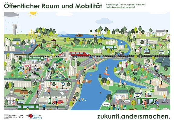 Illustration einer nachhaltigen Stadt: Menschen bewegen sich zu Fuß, mit Fahrrad, Rollstuhl und öffentlichen Verkehrsmitteln. Parks, Spielplätze und Uferbereiche prägen den Raum. Bus, Bahn und Tram verbinden Viertel, Autos sind untergeordnet. Brücken, Wege und Grünflächen zeigen lebendige, klimafreundliche Mobilität und öffentlichen Raum.